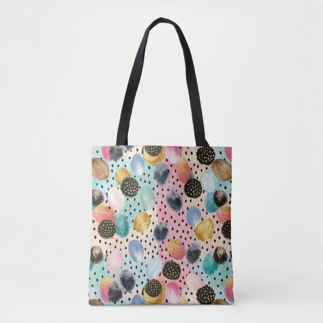 Vibrant Abstract Brushstroke & Polka Dot Pattern Tote Bag (Front)