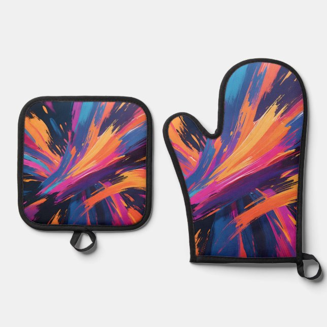 Vibrant Abstract Brushstrokes Colour Explosion Oven Mitt & Pot Holder Set (Front)