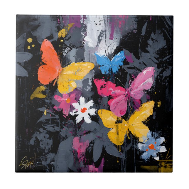 Vibrant Abstract Butterfly Flight (4) Ceramic Tile (Front)