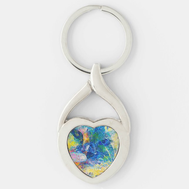 Vibrant Abstract Cat Art Print Key Ring (Front)