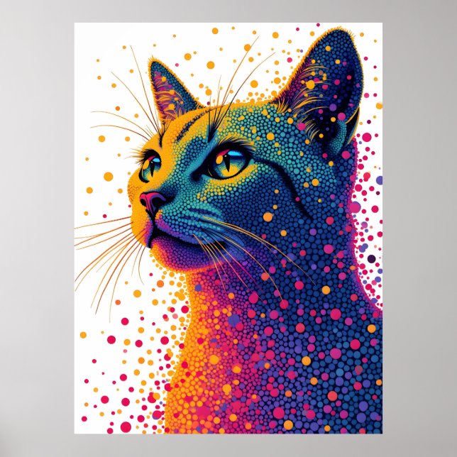 Vibrant Abstract Cat Portrait with Colourful Dotte Poster (Front)