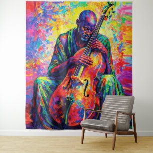 Vibrant Abstract Cellist Musician Rainbow Colours Tapestry