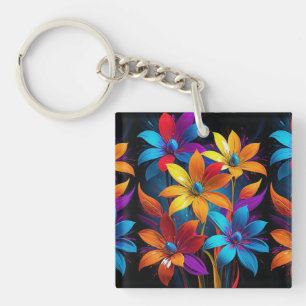 Vibrant Abstract Colourful Floral Art-32908 Key Ring
