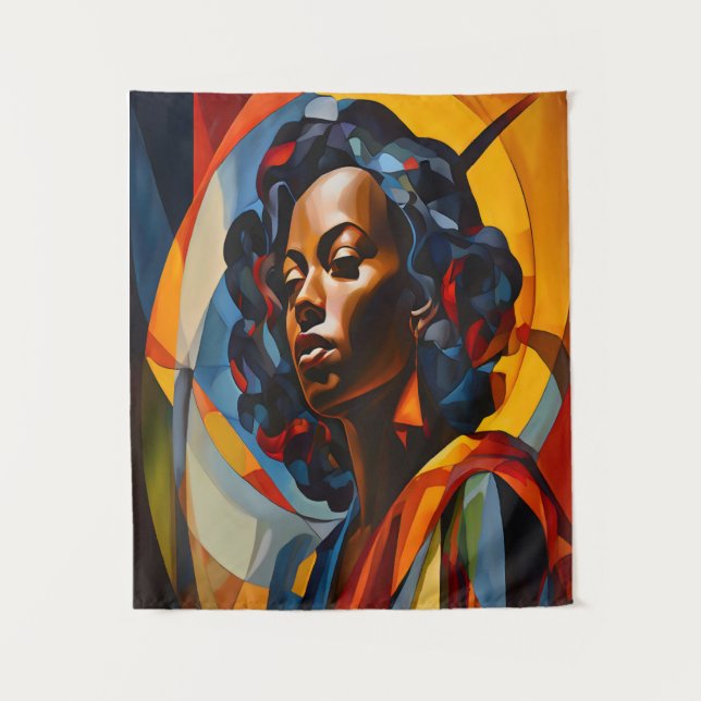 Vibrant Abstract Cubist Portrait Art Tapestry (Front)