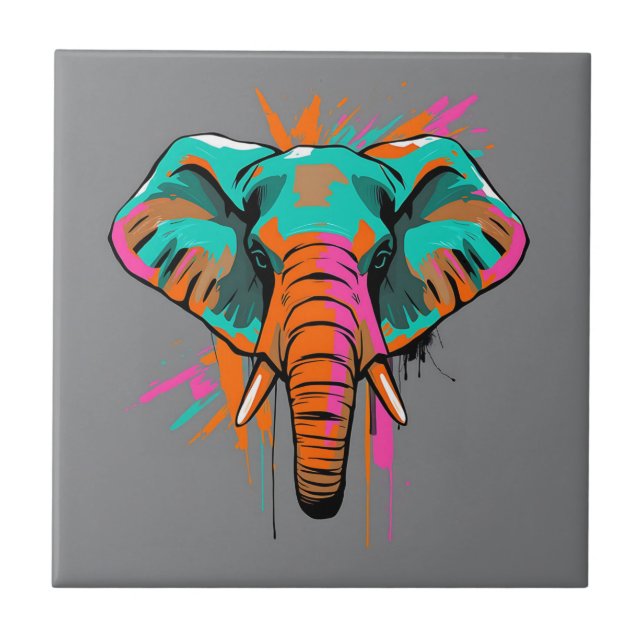 Vibrant Abstract Elephant with Bold Teal  Ceramic Tile (Front)