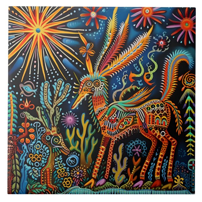Vibrant Abstract Ethnic Huichol Tribal Pattern Ceramic Tile (Front)