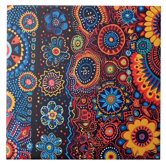 Vibrant Abstract Ethnic Huichol Tribal Pattern Ceramic Tile (Front)