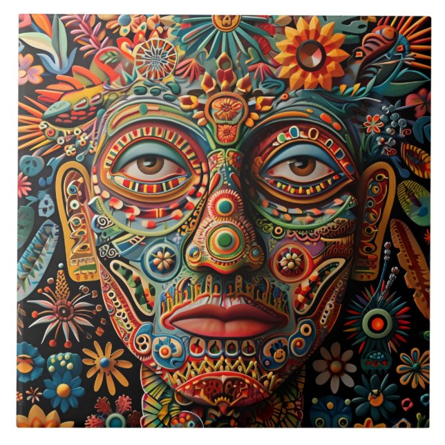 Vibrant Abstract Ethnic Huichol Tribal Pattern Ceramic Tile (Front)