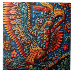Vibrant Abstract Ethnic Huichol Tribal Pattern Ceramic Tile