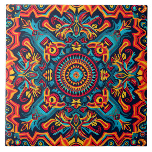 Vibrant Abstract Ethnic Huichol Tribal Pattern Ceramic Tile
