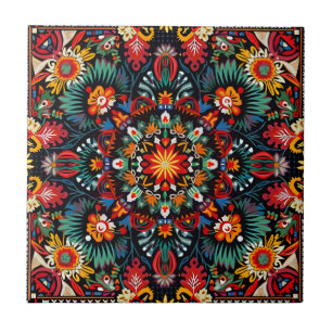 Vibrant Abstract Ethnic Huichol Tribal Pattern Ceramic Tile