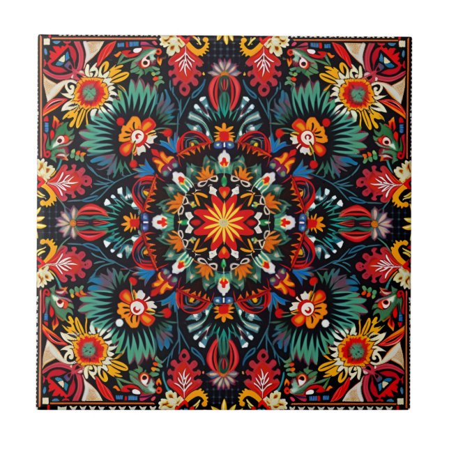 Vibrant Abstract Ethnic Huichol Tribal Pattern Ceramic Tile (Front)