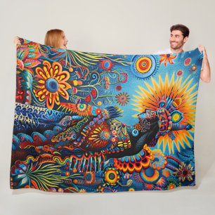 Vibrant Abstract Ethnic Huichol Tribal Pattern Fleece Blanket