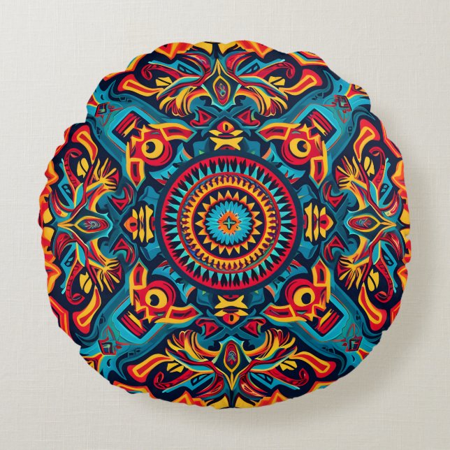 Vibrant Abstract Ethnic Huichol Tribal Pattern Round Cushion (Front)