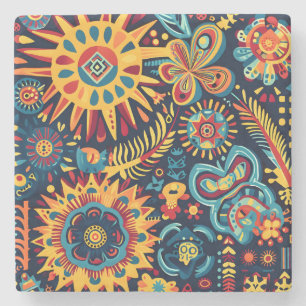 Vibrant Abstract Ethnic Huichol Tribal Pattern Stone Coaster