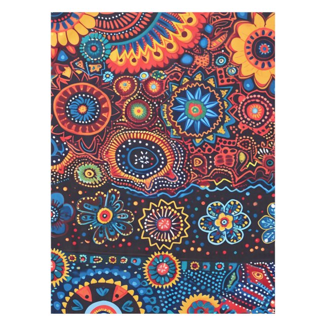 Vibrant Abstract Ethnic Huichol Tribal Pattern Tablecloth (Front)