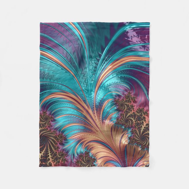 Vibrant Abstract Feathers Turquoise & Purple Fleece Blanket (Front)