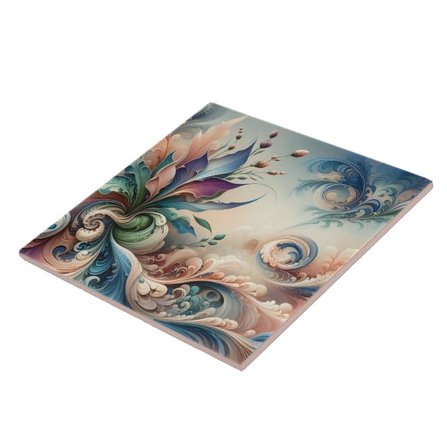 Vibrant Abstract Floral Design in Soft Colours Ceramic Tile (Side)
