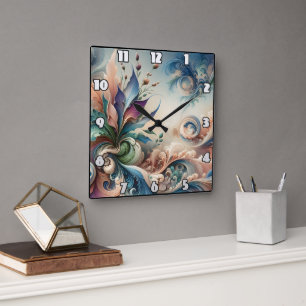 Vibrant Abstract Floral Design in Soft Colours Square Wall Clock
