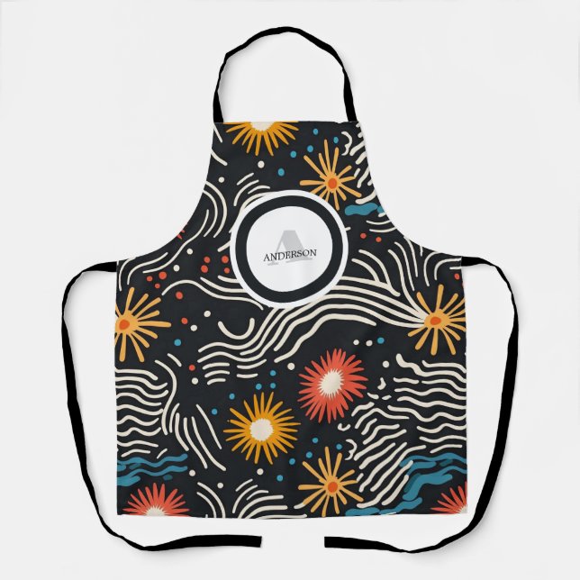 Vibrant Abstract Floral Waves on Black Apron (Front)