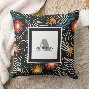 Vibrant Abstract Floral Waves on Black Cushion