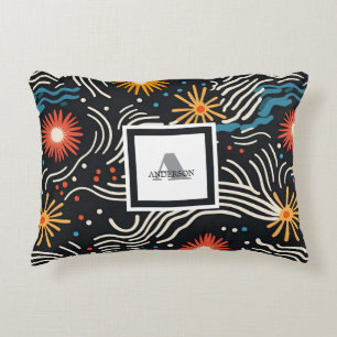 Vibrant Abstract Floral Waves on Black Decorative Cushion
