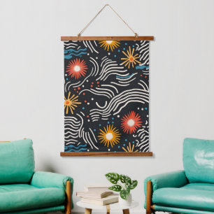 Vibrant Abstract Floral Waves on Black Hanging Tapestry