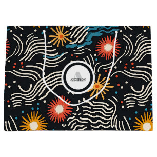 Vibrant Abstract Floral Waves on Black Large Gift Bag
