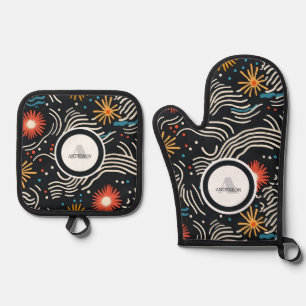 Vibrant Abstract Floral Waves on Black Oven Mitt & Pot Holder Set
