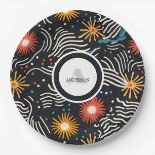 Vibrant Abstract Floral Waves on Black Paper Plate