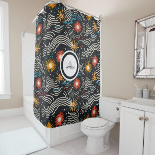Vibrant Abstract Floral Waves on Black Shower Curtain