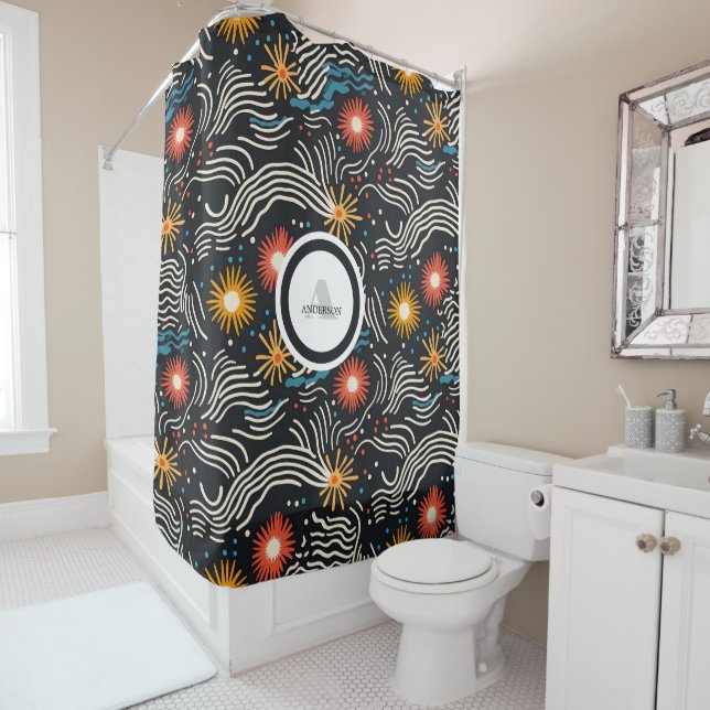 Vibrant Abstract Floral Waves on Black Shower Curtain (In Situ)