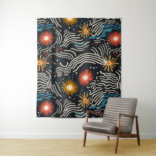 Vibrant Abstract Floral Waves on Black Tapestry