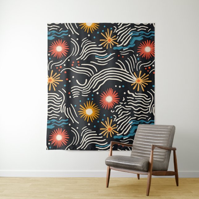 Vibrant Abstract Floral Waves on Black Tapestry (In Situ)