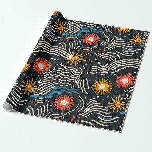Vibrant Abstract Floral Waves on Black Wrapping Paper