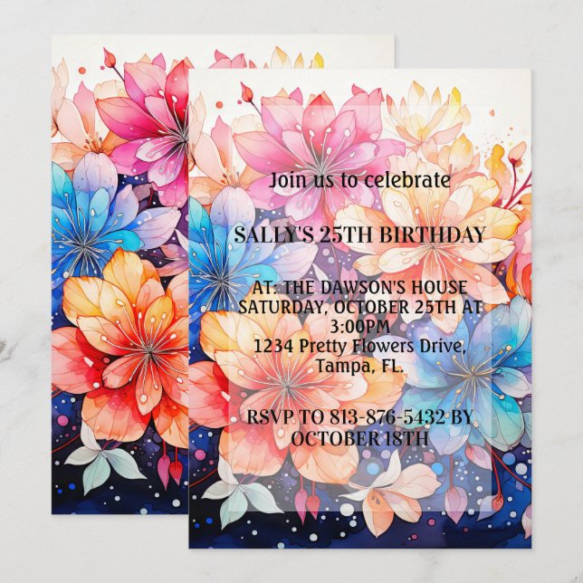 Vibrant Abstract Flower Art Birthday Party Invitation (Front/Back)