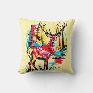 Vibrant Abstract Forest Deer Contemporary Fine Art Cushion