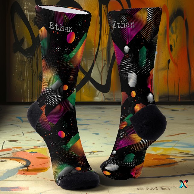 Vibrant Abstract in Orange, Magenta on black   Socks (Creator Uploaded)