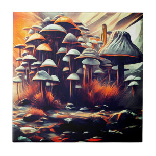 Vibrant Abstract Mushrooms - Modern Urban Art Ceramic Tile