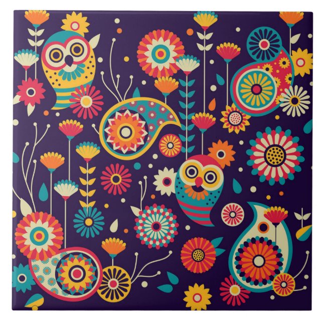 Vibrant Abstract owl pattern Ceramic Tile (Front)