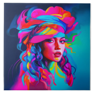 Vibrant Abstract Portrait Ceramic Tile