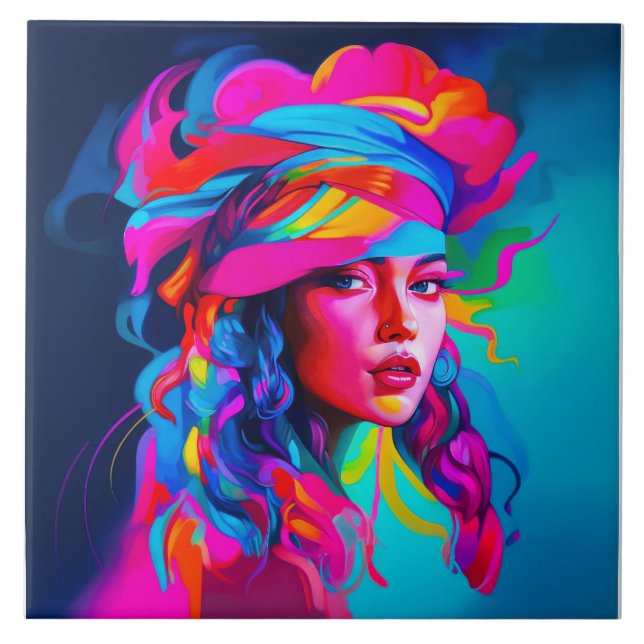 Vibrant Abstract Portrait  Ceramic Tile (Front)