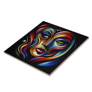 Vibrant Abstract Portrait With Colourful Stripes Ceramic Tile