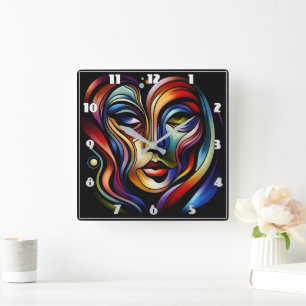 Vibrant Abstract Portrait With Colourful Stripes Square Wall Clock