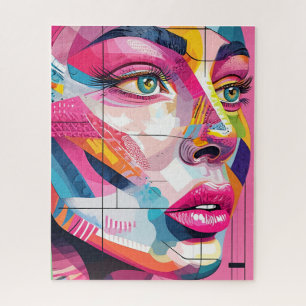 Vibrant Abstract Portrait Women's Face Pink Black Jigsaw Puzzle