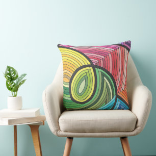 Vibrant Abstract Rainbow Swirl with Layered Lines Cushion