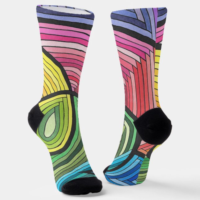 Vibrant Abstract Rainbow Swirl with Layered Lines Socks (Angled)