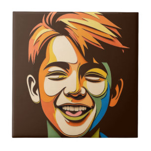 Vibrant Abstract Smiling Boy Portrait Ceramic Tile