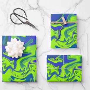 Vibrant Abstract Swirls in Green and Blue Wrapping Paper Sheet