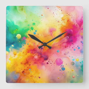 Vibrant Abstract Watercolor Splatter Pattern Square Wall Clock